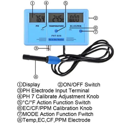 PH-026 Water Monitor  PH / EC / TEMP / TDS / CF