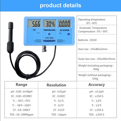 PH-026 Water Monitor  PH / EC / TEMP / TDS / CF