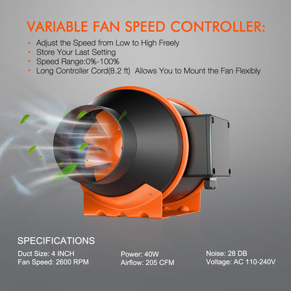 SPIDER FARMER 4 INCH INLINE FAN WITH THERMOSTAT CONTROLLER