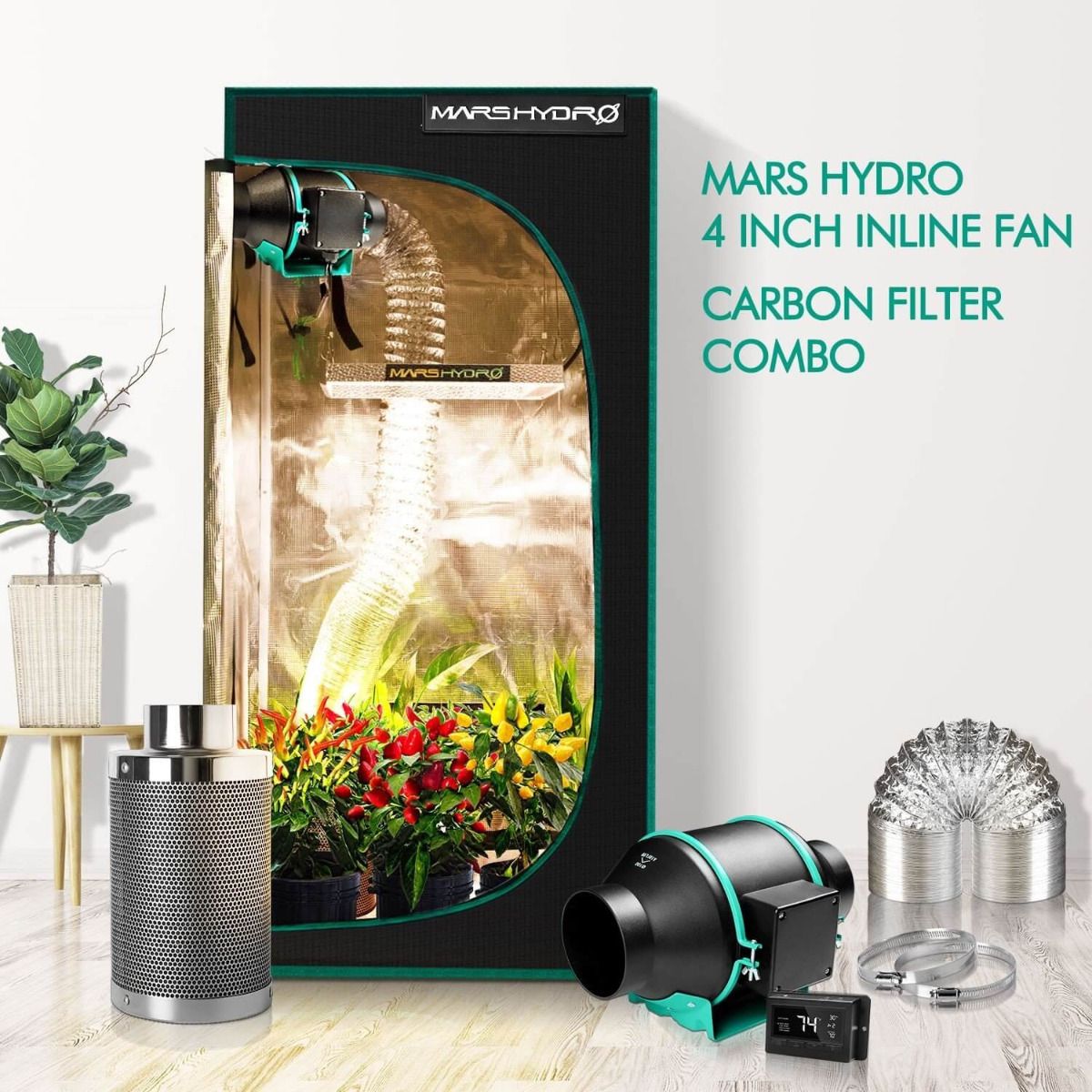 MARS HYDRO 4 INCH INLINE FAN AND CARBON FILTER COMBO WITH THERMOSTAT CONTROLLER